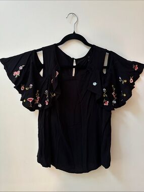 Black Embroidered Flutter Sleeve Women's Top